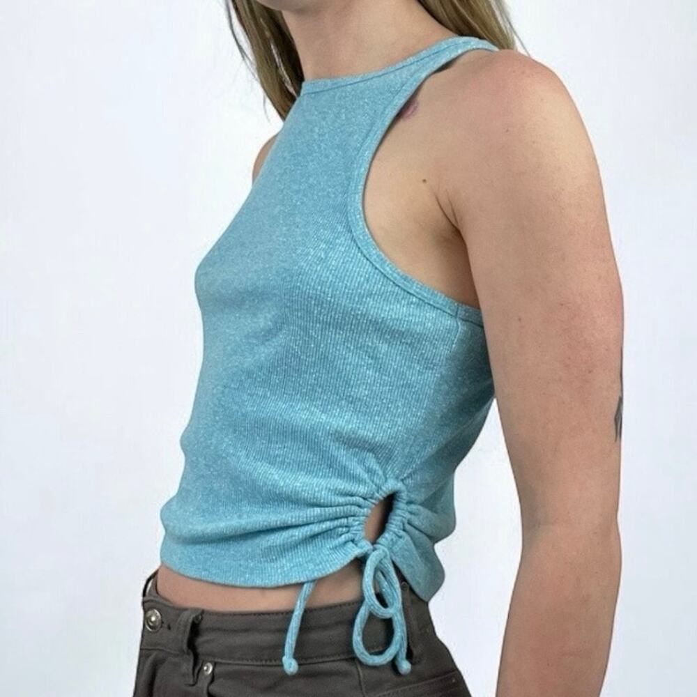 SO Blue Rubbed Cinched Side Cutout Lace Up Tank Top